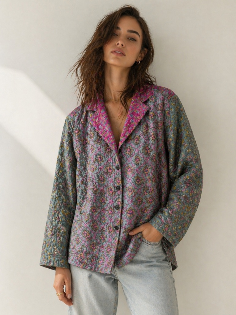 Vintage Chico's Jacket 100% Silk Patchwork Embroidered Floral Artsy Whimsical